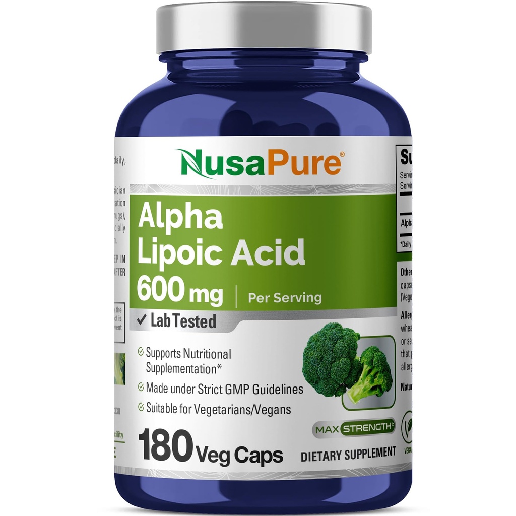 NusaPure Alpha Lipoïnezuur 600 mg per portie 180 Veggie Capsules (Vegetarisch, Niet-GMO, Veganistisch)