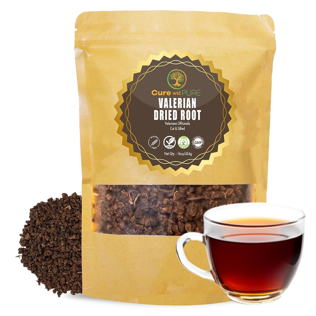 Cure wid Pure Organic Valerian Root Tea - Cut,Sifted & Non-Ir straalde Valerian Tea bevordert natuurlijke ontspannende slaap - Te De Valeriana officinalis in hersluitbare Eco Friendly Pouch 16oz