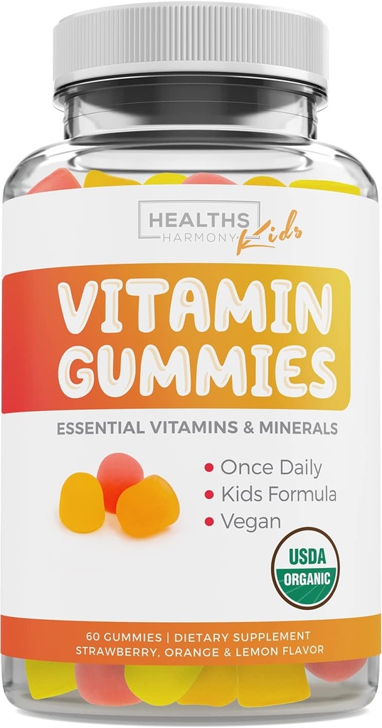 USDA Biologische Kids Vitamine Gummies (Non-GMO) Yummy Natuurlijke Fruit Smaken - Complete Kids Multivitamine Gummies: Vitamine C, D, B, A, Zink - Supplement voor energie, Mood, Immuun Ondersteuning - 60 Gummy Vitaminen