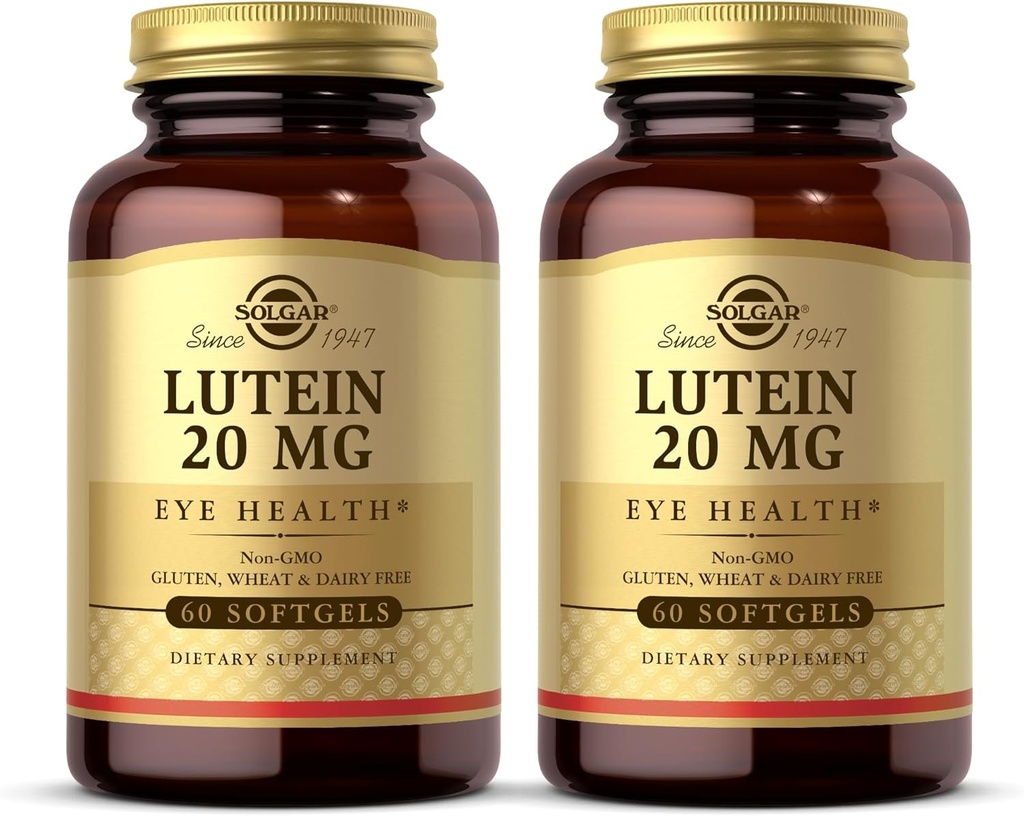 Solgar Lutein 20 mg, 60 Softgels (verpakking 2) - Ondersteunt Eye Health - Helpt Filter Out Blauw Licht - Bevat FloraGLO Lutein - Non-GMO, Glutenvrij, Zuivelvrij - 120 Total Servers