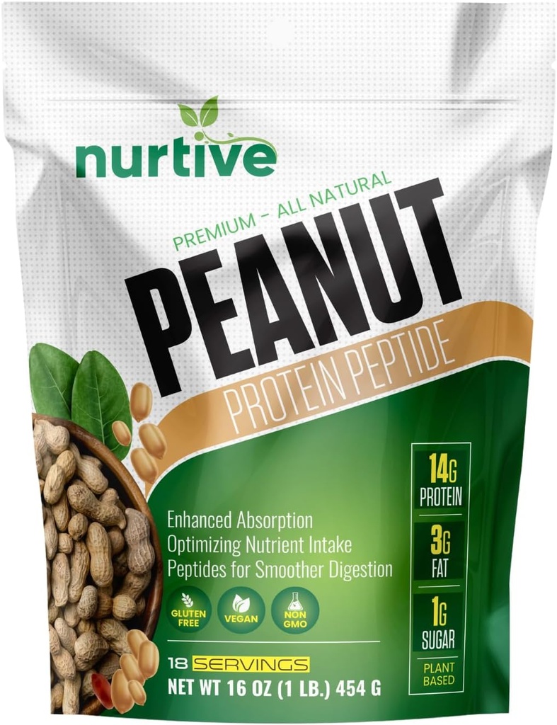 Peanut Protein Peptide Powder - Plant-Based, Rich in Nutrients & Fiber - Ideal for Athletes & Fitness Enthusiasts - Enhanced Solubility and Absorption - 18 Servings (16 oz / 454 g)