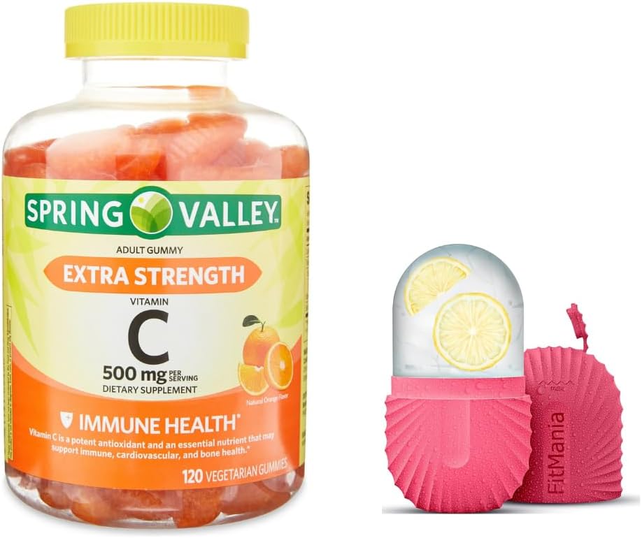 Spring Valley Extra sterkte Vitamine C Dieetsupplement Vegetarische Gummies, Oranje, 500 mg, 120 Ct en Gift Ice Roller voor Gezicht