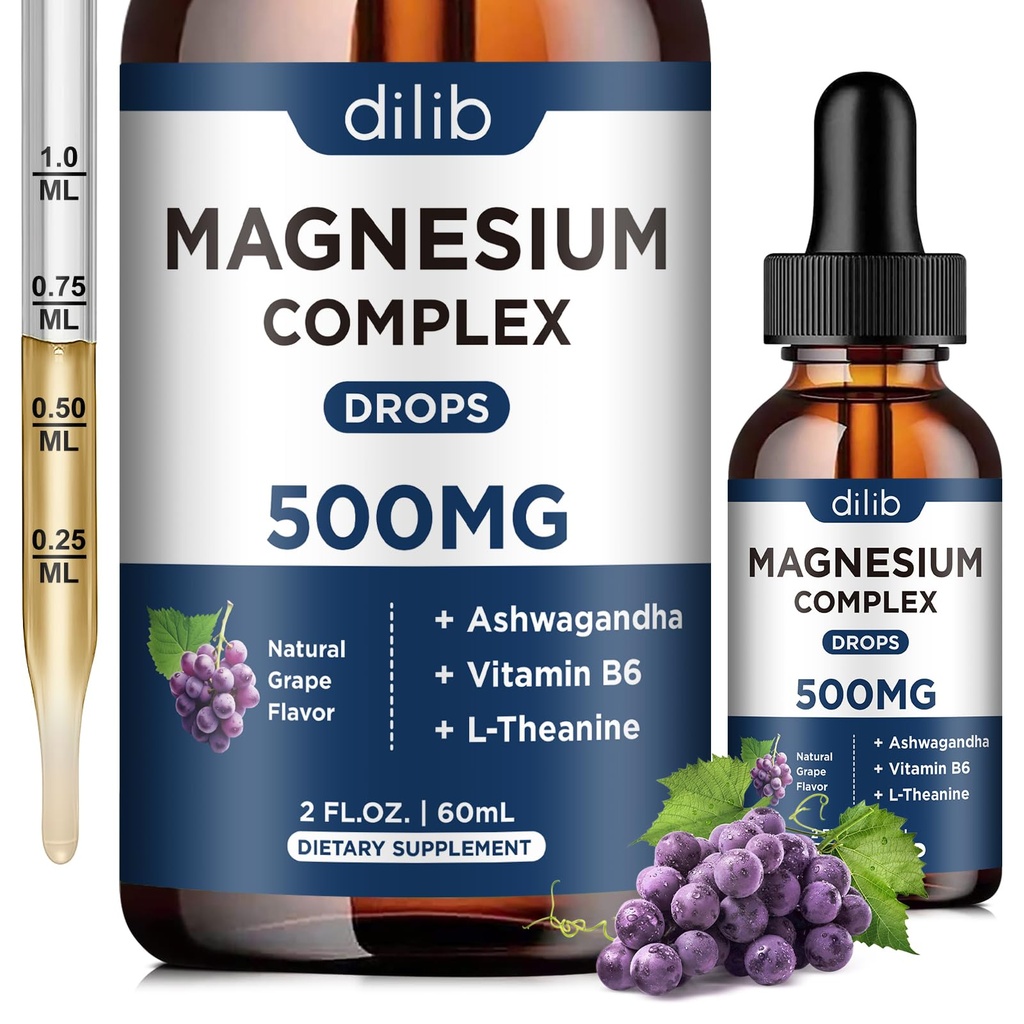 Magnesium Glycinate Liquid Drops, Magnesium Glycinate Supplement 500 mg met Citrate, Malate, Ashwagandha, L-Theanine, Vitamine B6 voor Slaap, Stress Relief, Bot, Spier, Mood, Druivensmaak 2 Fl Oz