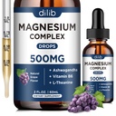Magnesium Glycinate Liquid Drops, Magnesium Glycinate Supplement 500 mg met Citrate, Malate, Ashwagandha, L-Theanine, Vitamine B6 voor Slaap, Stress Relief, Bot, Spier, Mood, Druivensmaak 2 Fl Oz