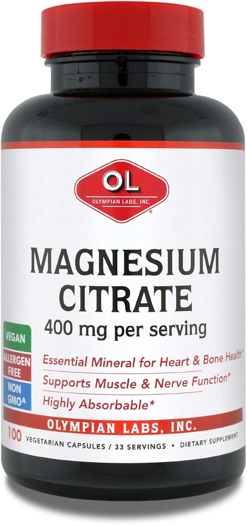 Olympian Labs Magnesium Citrate, 400mg 33 Servers, Ondersteuning Gezond Zenuwstelsel, Spier & Bot, 100 Capsules