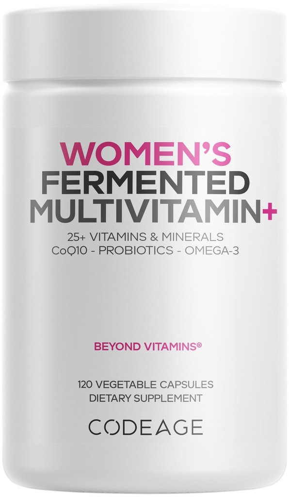 Codeage Vrouwen Dagelijkse Multivitamine, 25+ Vitaminen & Mineraal, Gefermenteerd, Biologische Geheel Voedingsmiddelen, Probiotica Supplement - Vitamine A, B, C, D, E & K, Omega 3, Zink Vegan - 120 Capsules
