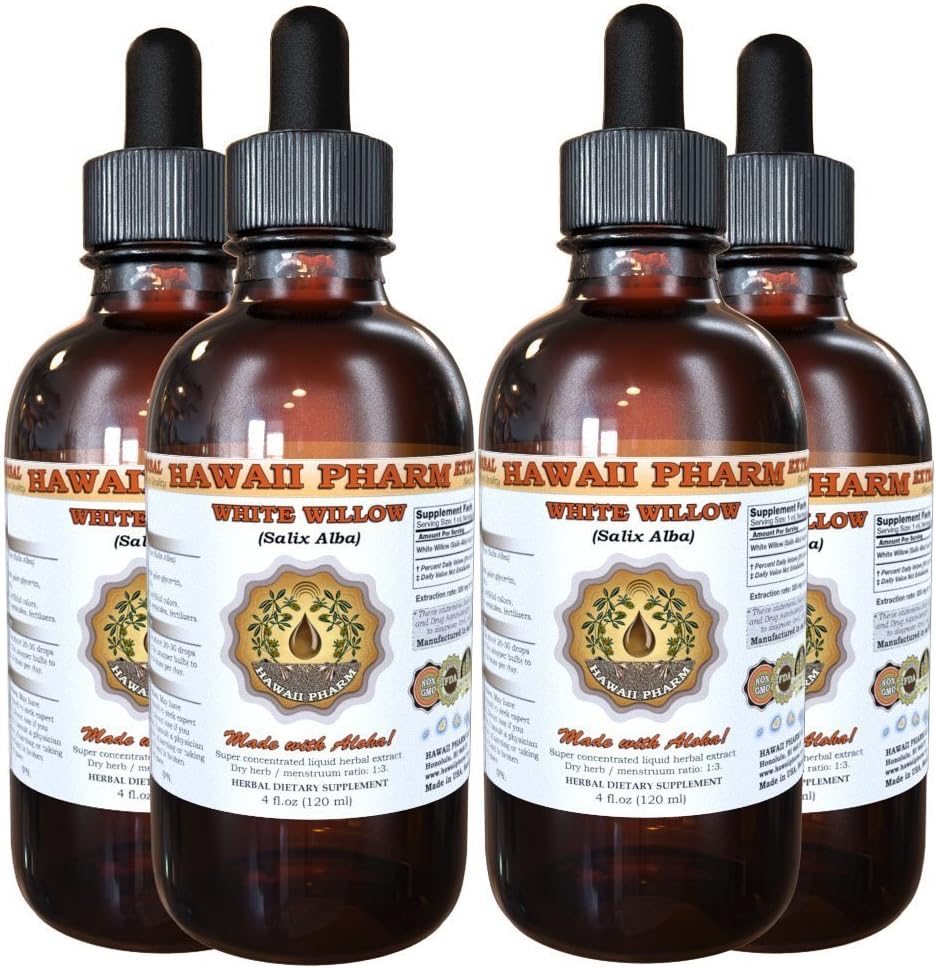 White Willow Liquid Extract, Biologische Witte Wilg (Salix Alba) Gedroogde Bark Tinctuur, Kruidensupplement, Hawaii Pharm, Made in USA, 4x4 fl.oz