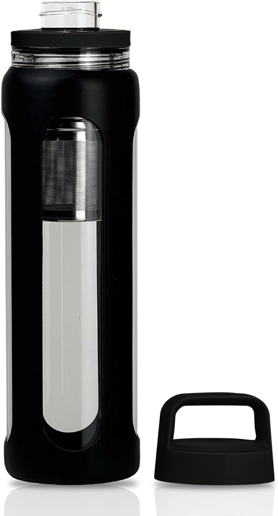 20oz glazen waterfles met silicone sleeve, 600ml mok met 2 Tier Lid (breed mond en kleine mond recht drinken) met theelek fles - Gym Yoga Outdoor Activiteiten (zwart)