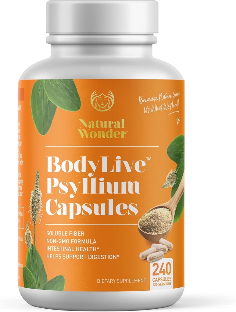 BodyLive Psyllium Husk Fiber Capsule Non-GMO 725mg, 240 Capsules (1450mg/serving, 120 Servings) Supplement voor Colon Cleanse, Regularity, Gezonde spijsvertering, Prebiotica, Laxative, Heart Health