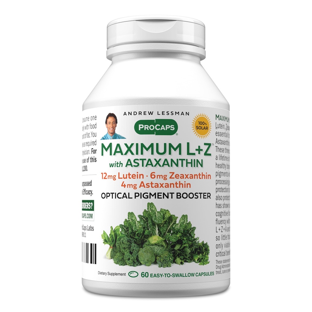 ANDREW LESSMAN Maximum L+Z met Astaxanthine 60 Softgels - 12mg Luteïne, 6mg Zeaxanthine, 4mg Astaxanthine. Belangrijke voedingsstoffen om Eye en Brain Health te ondersteunen en een gezonde visie te bevorderen.