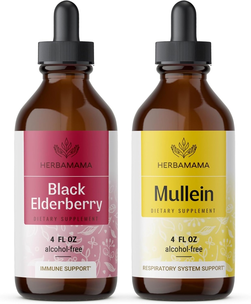 HERBAMAMA Herbal Liquid Drops Kit - Bundel van zwarte vlierbessen Extract en Mullein Leaf Tinctuur 4 fl oz - Vegan, Non-GMO, Sugar & Alcohol-Free - 2 Pack