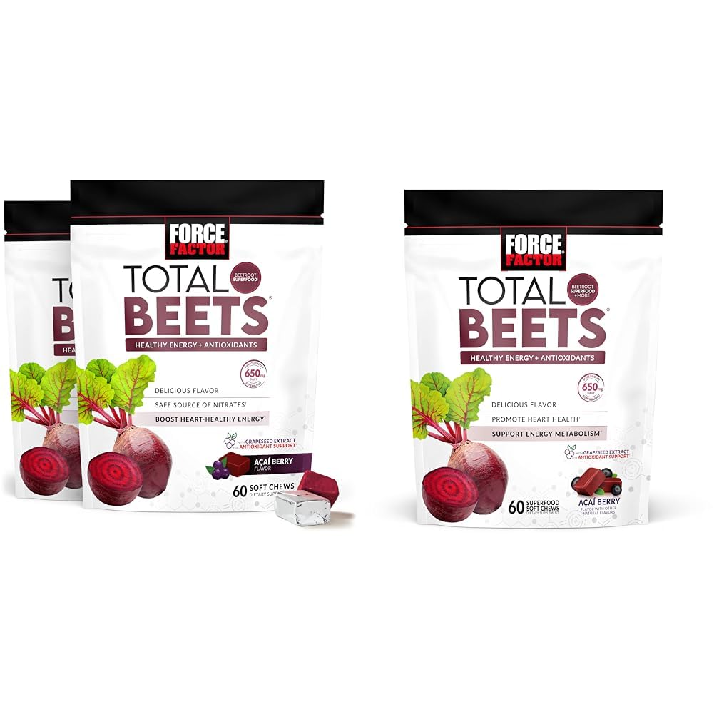 Force Factor Total Beets Soft Chews with Beetroot, Nitraten, L-Citrulline, Grapeseed Extract & Antioxidanten, Healthy Energy Supplement, 120 Tel 2-Pack & 60 Tellen