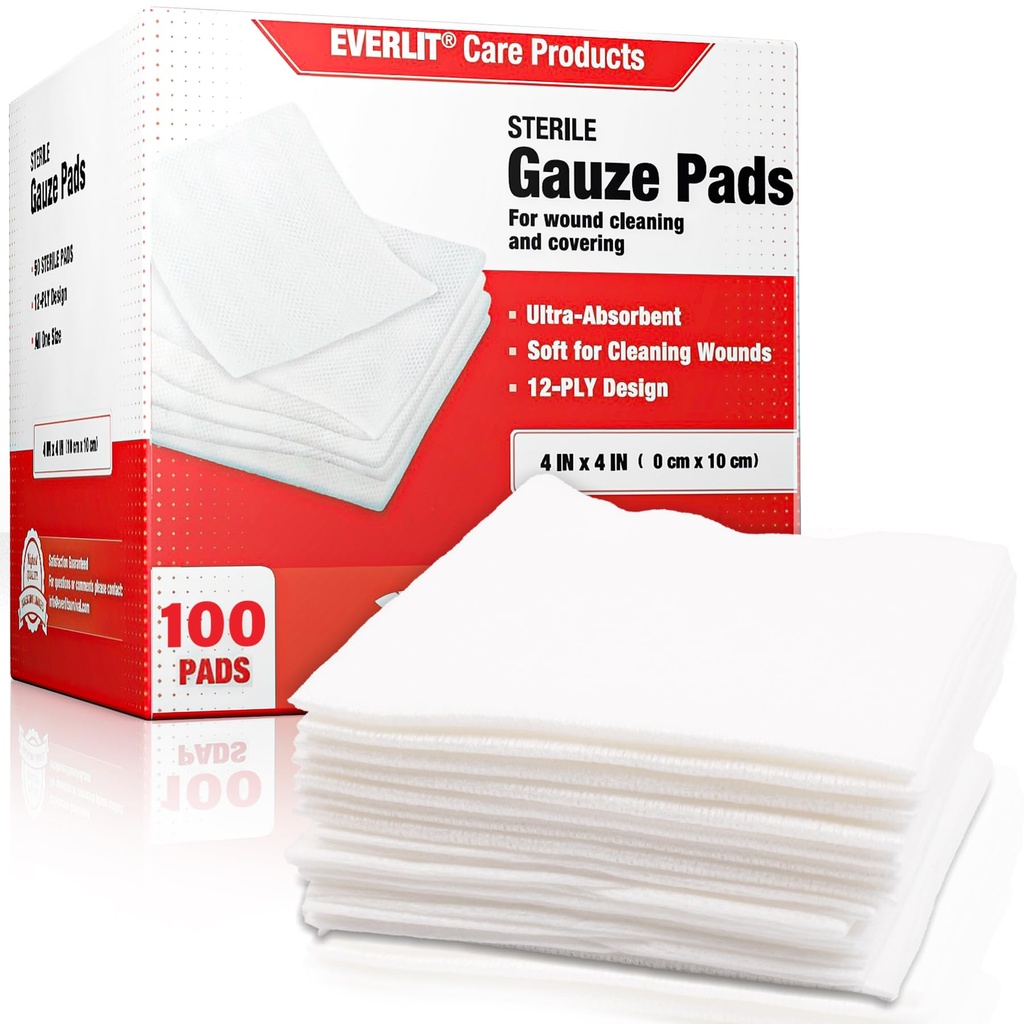 EVERLIT [Extra-Thick] 4'x4' Steriele Gauze Pad 12-Ply, 100 Pack, Individual Wrapped, Ultra Absorberende Grote Niet-Woven Medical Gauze Sponges voor Wound Care Home Eerste Hulp Kit