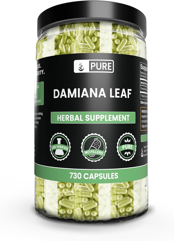 PURE ORIGINEEL INGREDIËNTEN Damiana Leaf Capsules, Geen Magnesium of Rijst Fillers, Altijd zuiver, Lab geverifieerd (730 Capsules)