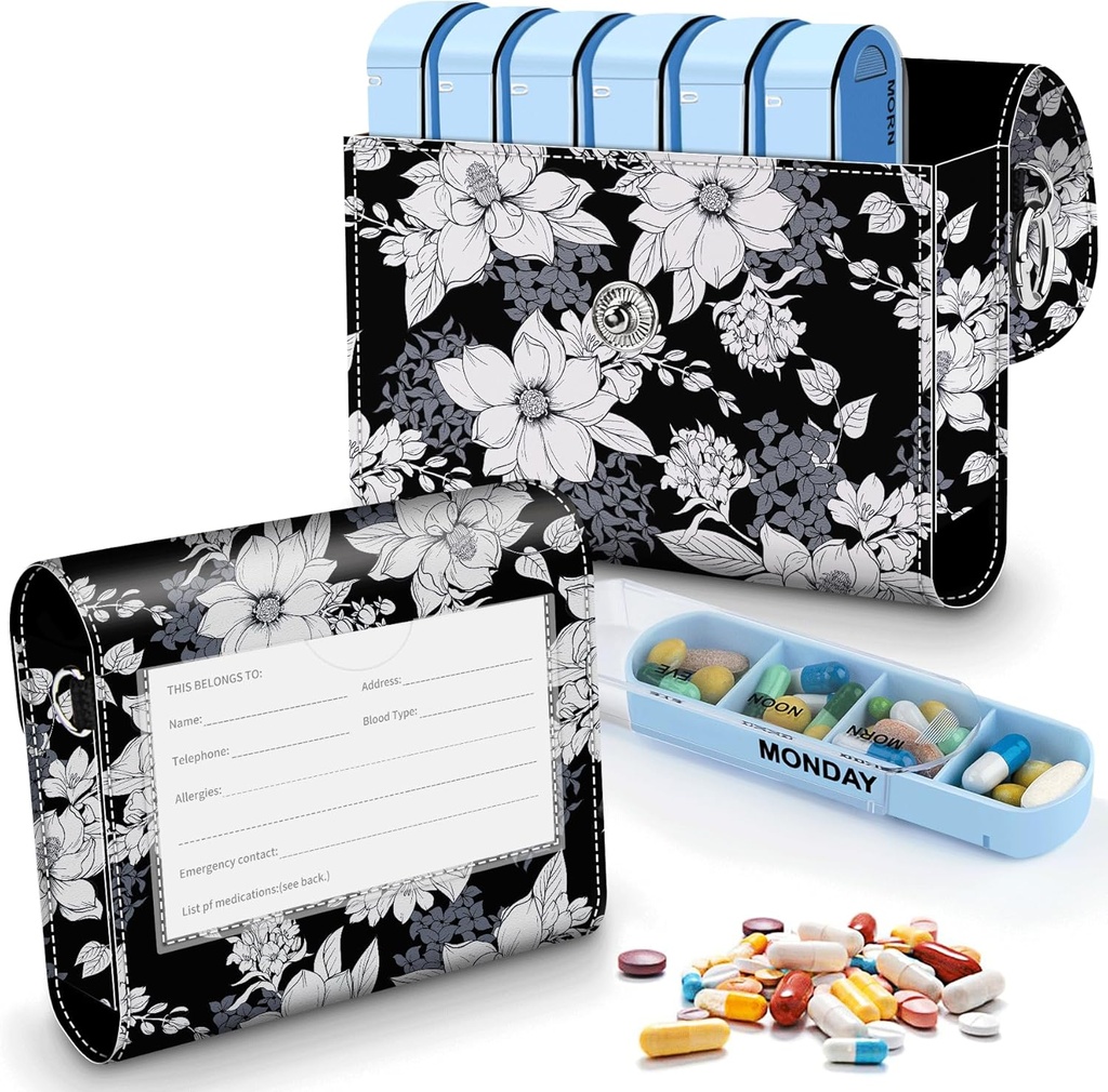 Pill Organizer Case, Weekly Travel Pill Case Medicatie Herinnering Daily AM PM, Day Night 7 Compartments, voor 4 keer per dag, 7 dagen per week-Inclusief elegante bedrukte lederen draagtas