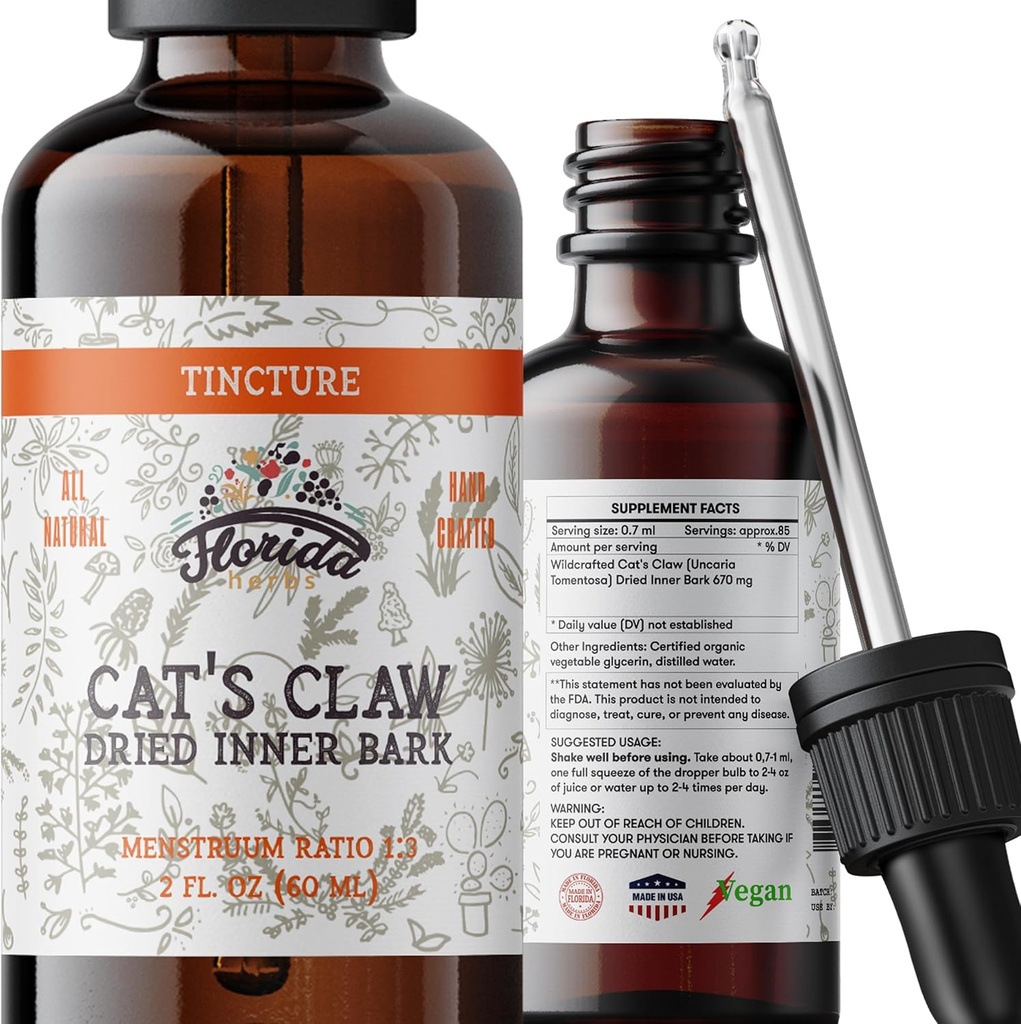 Katten Klauw Tinctuur, Kattenklauw Extract Alcoholvrij Kruidensupplement Drops, Liquid Natural Digestief Gezondheid, Joint Health, Vegan - Made in USA - 2 Fl Oz