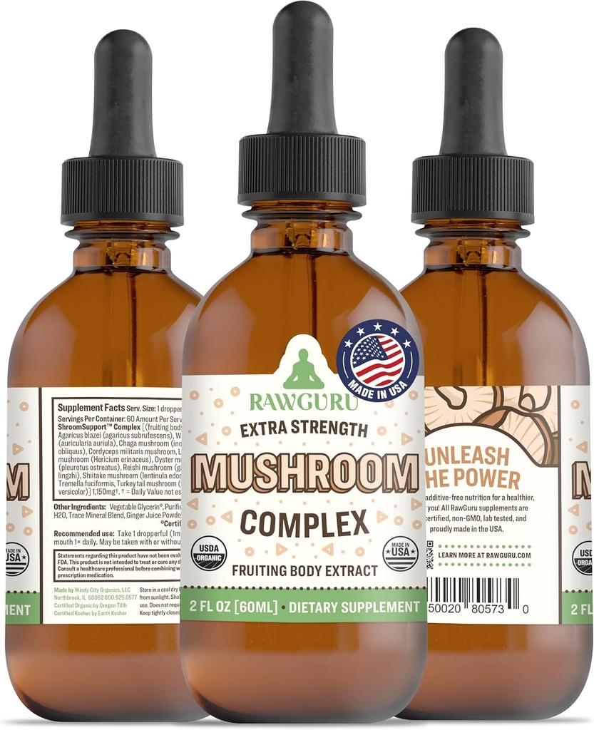 RawGuru Biologische Paddestoel Complex Tinctuur - Biologische Paddestoel Extract met Trace Mineralen - Nano-Processed Cognitive & Immune Support Supplement - 60 porties Vegan Drops per 60 ml, Verpakking van 1