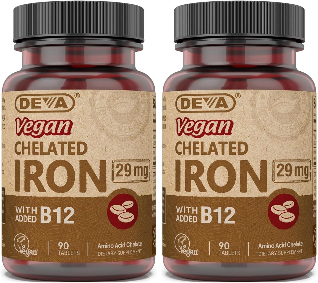 DEVA Nutrition Vegan chelated Iron 29 mg versterkt met B-12 - hoge potentie, gemakkelijk doorslikken - 90 tabletten, 2-pack