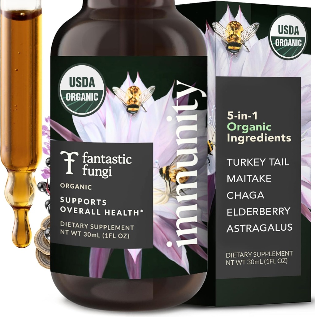 Fantastic Fungi Mushroom Extract Drops - Immunity Elixir with Turkey Tail Mushroom Extract, Maitake, Vlierbessen, Chaga & Astragalus - 5-in-1 Organic Immune Support Supplement, 30 Servings, 1 fl oz
