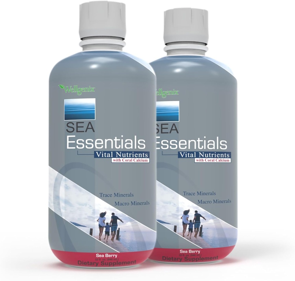 Wellgenix Sea Essentials Nutritional Multivitamin Supplement - Liquid Coral Calcium, Trace & Macro Minerals, 1 Oz Daily, Sea Berry Flavor - for Men & Women, Adults & Kids, 32 Fl Oz (Pack of 2)