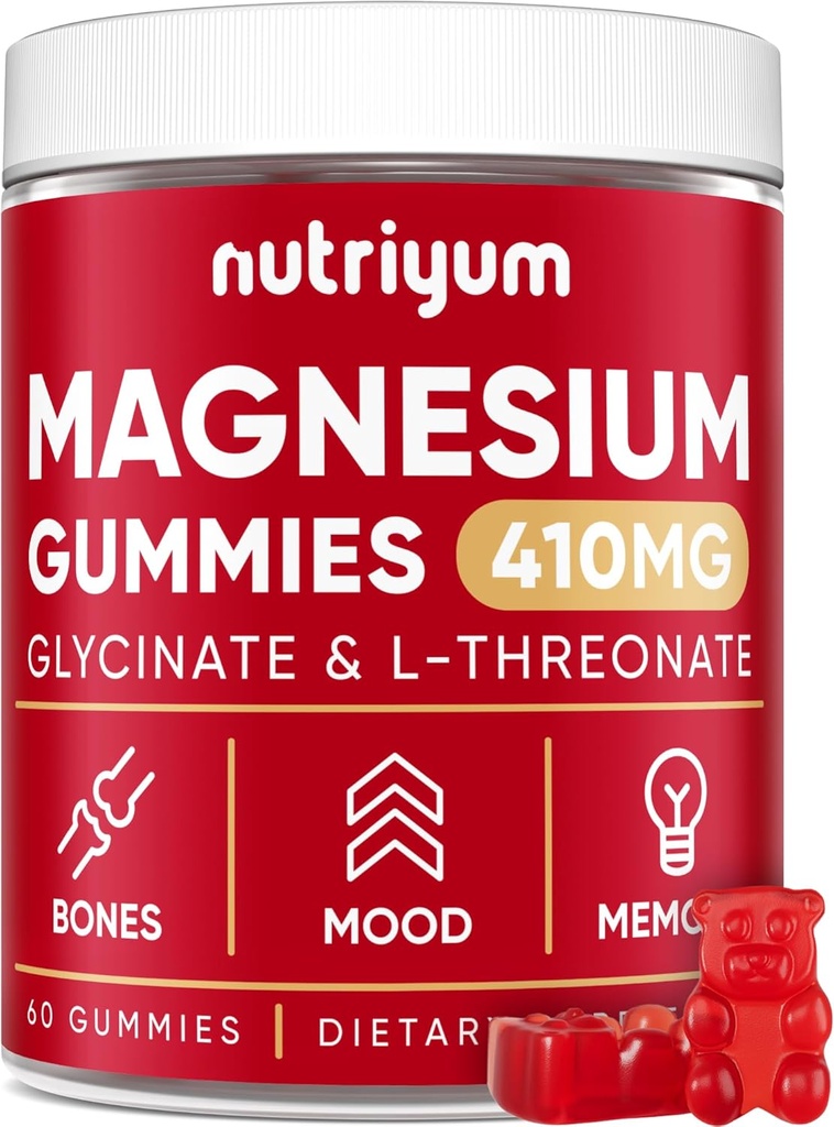 Magnesium Glycinate Gummy's voor volwassenen en kinderen - 410mg Elemental Magnesium L-Threonate Kauwtabletten voor botten en geheugensteun, Kalm Mood - 2 maand levering Magnesium Gummies Supplement Complex - 60 st.