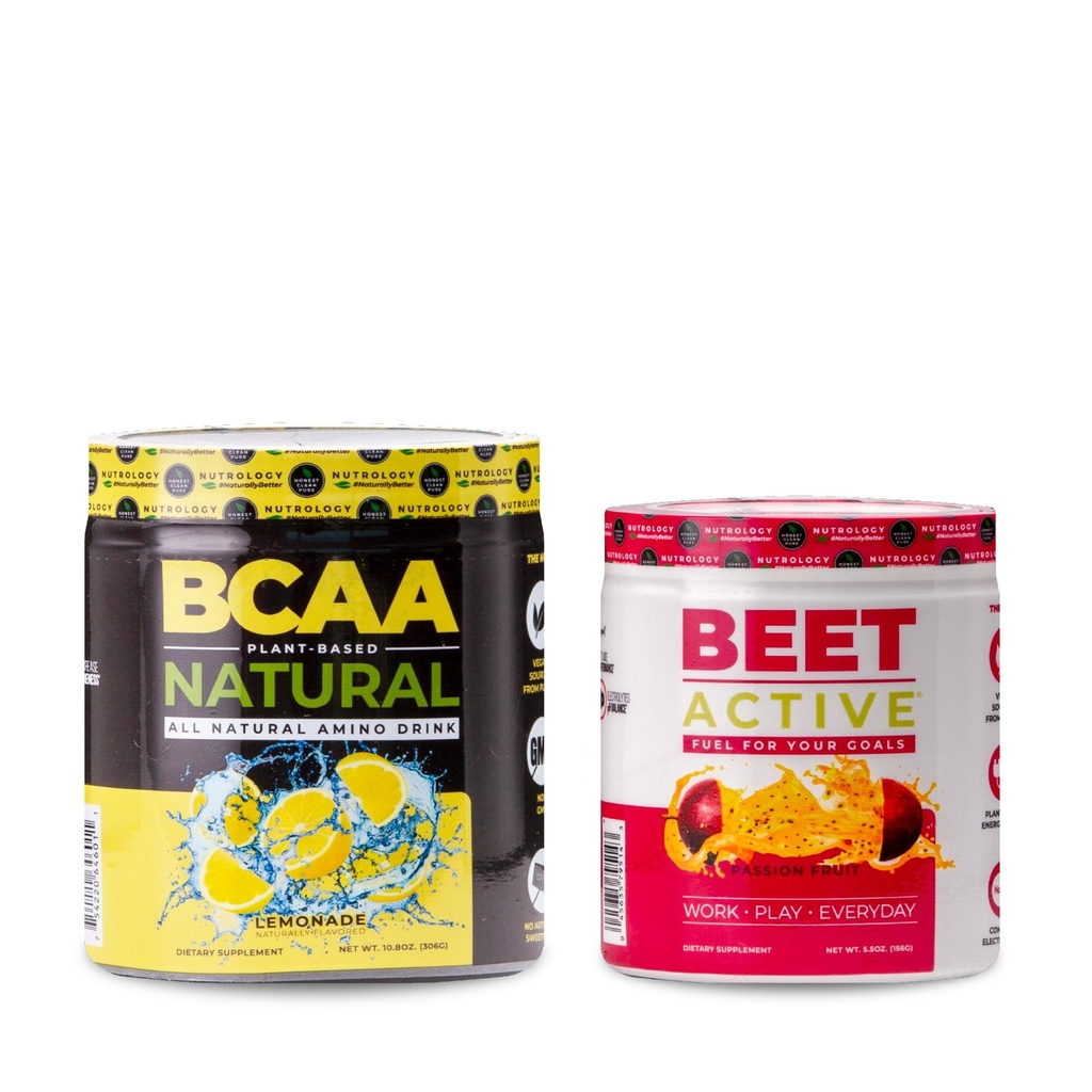 Nutrologie BCAA Natuurlijke, plantaardige BCAA poeder, limonade smaak (30 porties) Beet Actief, natuurlijke pre-workout poeder, passie fruit smaak (30 porties)