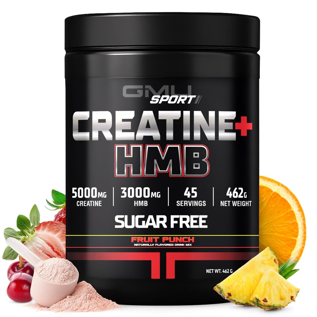 GMU SPORT - Creatine Monohydraat met HMB Powder - 45 porties, Creatine HMB Supplementen, Creatine met HMB voor verhoogde sterkte, spiergroei en verbeterde energie, 3G HMB/Fruit Punch