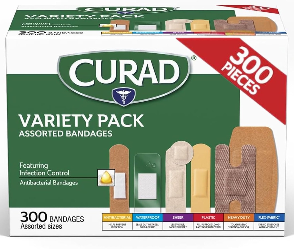 CURAD Assorted Bandages Variety Pack, 300 Count, 6 Styles Inclusief antibacteriële, waterdichte, pure, Plastic, Heavy Duty & Flex-Fabric, Beschermt Scrapes, Snij & Burns, Latex-Free