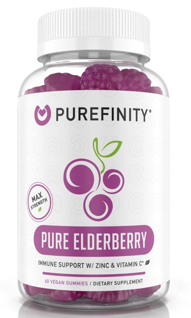 PUREFINITY Vlierbes Gummy's met Sambucus, Vitamine C en Zink Uw perfecte dagelijkse 3-in-1 supplement voor kinderen en volwassenen Glutenvrij, Non-GMO, Veganistisch, 60 Tellen