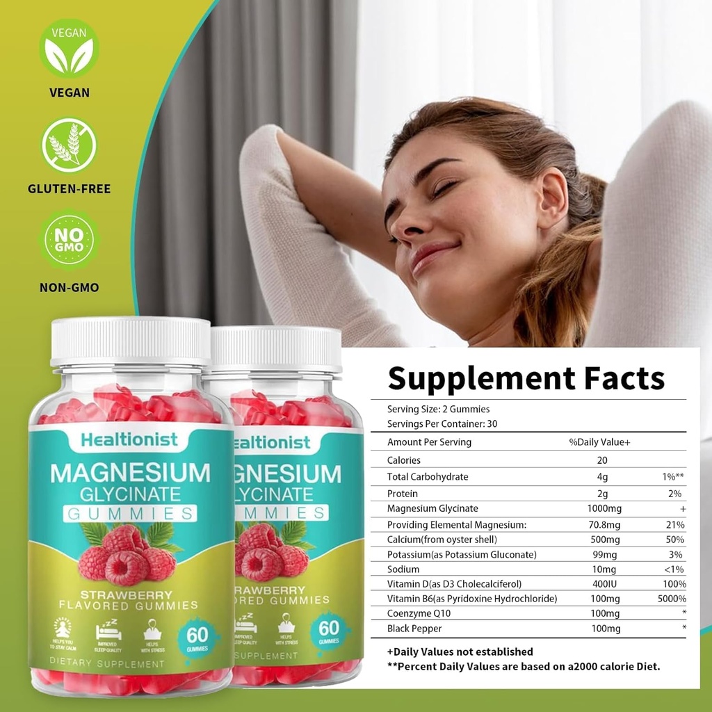 Verpakking Magnesium Glycinate Gummy's voor volwassenen en kinderen, Best Magnesium Supplement Gummy voor slaap, stress & spierverlichting & nerve gezondheid, 60 Counts Kalm Gummies