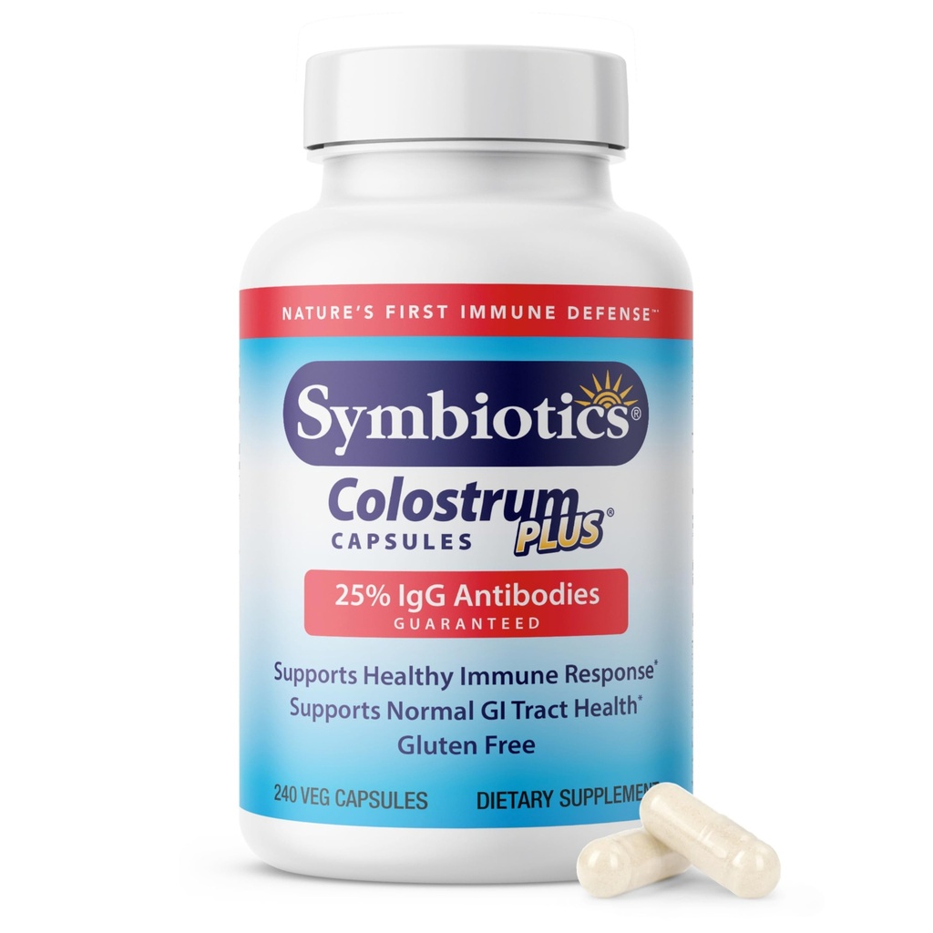 Symbiotics Colostrum Vegetable Capsules, 240 Count – with Lactoferrin and Naturally Occurring IgG – Gluten Free, RBST-Free - 240