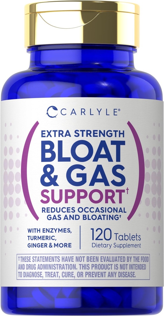 Carlyle Bloat & Gas Support for Men & Women 120 tabletten Extra sterkte pillen Supplement met enzymen, Kurkuma, Gember & meer