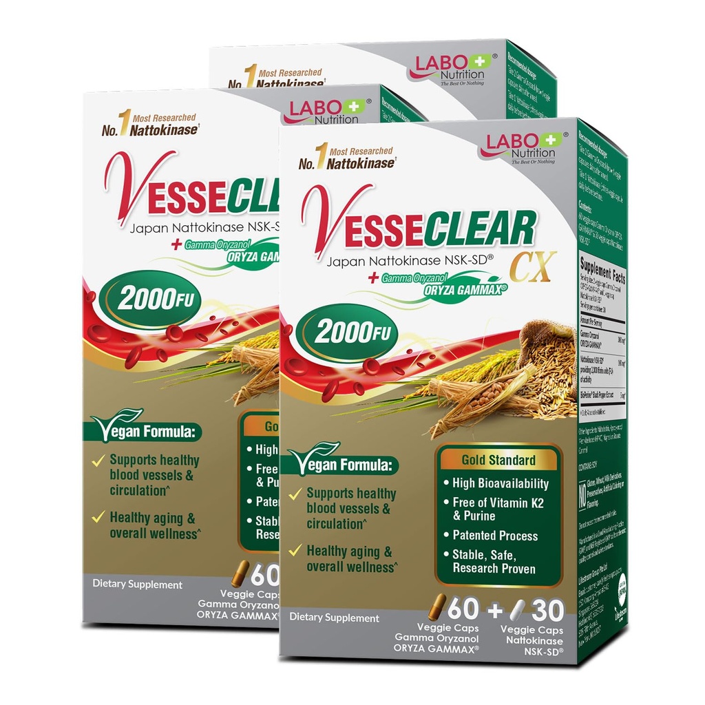 LABO Nutrition VesseCLEAR CX: Artery Cleanse Supplement to Support Blood Pressure, Clean Blood Vessel, Heart & Cholesterol Health Formula | Nattokinase NSK-SD + Gamma Oryzanol | DR Capsules [3 Pack]