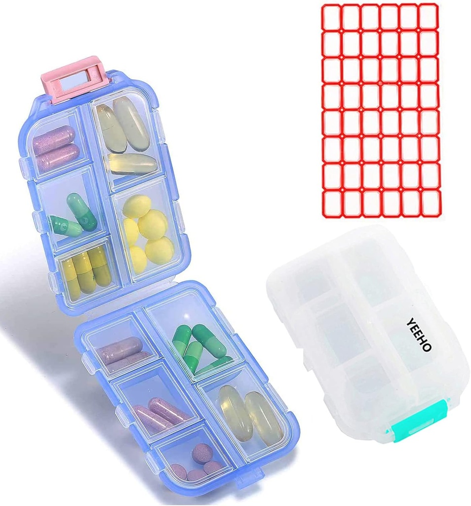 Pill Case (2 Pack) - Portable Small Supplements Tablet Container Box met 10 Compartiments - Medicine Vitamine Organizer Dispenser Houder Opslag voor Travel Trip Pocket Purse(Blue+White)