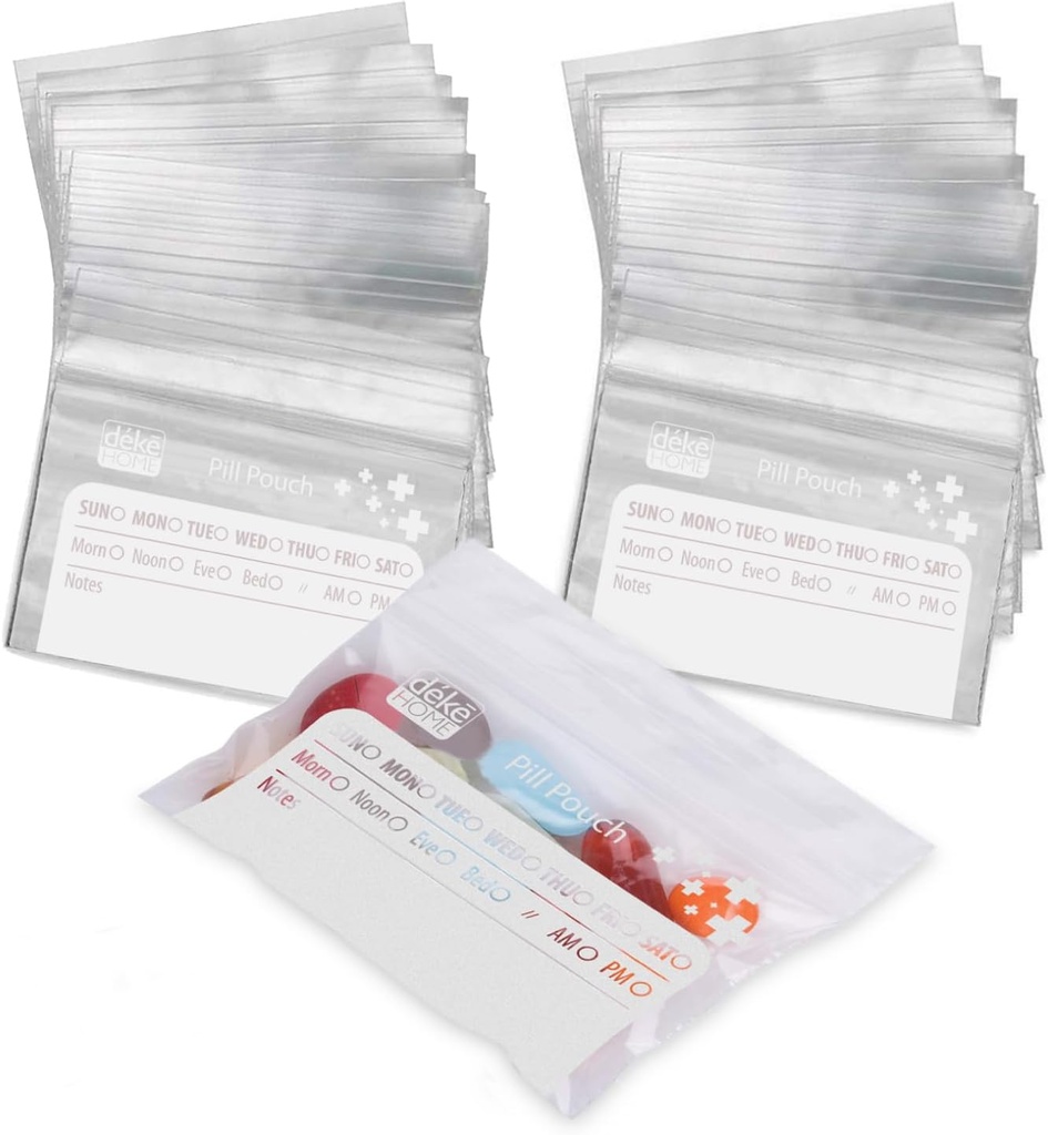 Deke Home - 250 Pack Clear Hersluitbare pillenzakken (4x2,75 in), Reisgeneeskunde zakjes met Write-On Label, BPA-Gratis wegwerp pillen Organisator voor Medicijnen, Vitaminen en Supplementen