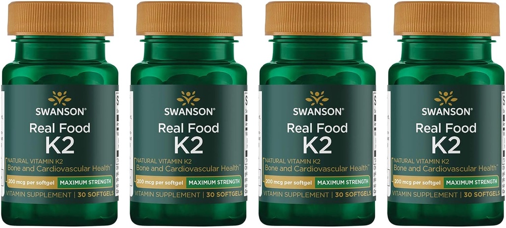 Swanson Maximale sterkte Vitamine K2 (Menachinon-7)-Vitamine Supplement ter ondersteuning van Cardiovasculaire en Bone Health-Made van Japanse Natto te helpen Regulate Calcium (30 Softgels, 200mcg Each) (4 Pack)