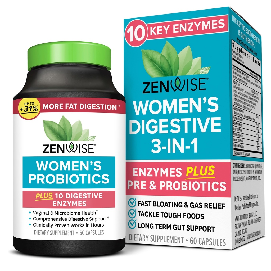 Zenwise Health 3-in-1 Womens Probiotic Supplement for Digestief, Gut Flora & Vaginal Health - Daily Probiotics & Prebiotics for Women with Digestief Enzymes Supports Bloating & Gas Relief - 60 Tel.