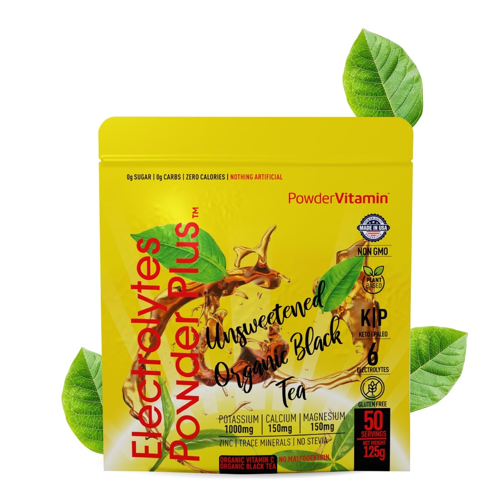 PoederVitamine Elektrolyten Poeder Plus (50 porties) Ongezoete zwarte thee Electrolyte Poeder Keto, SugarFree, Roze Himalaya Zout,1000mgPotassium,150mgCalcium,150mgMagnesium,Hydration Powder NO STEVIA
