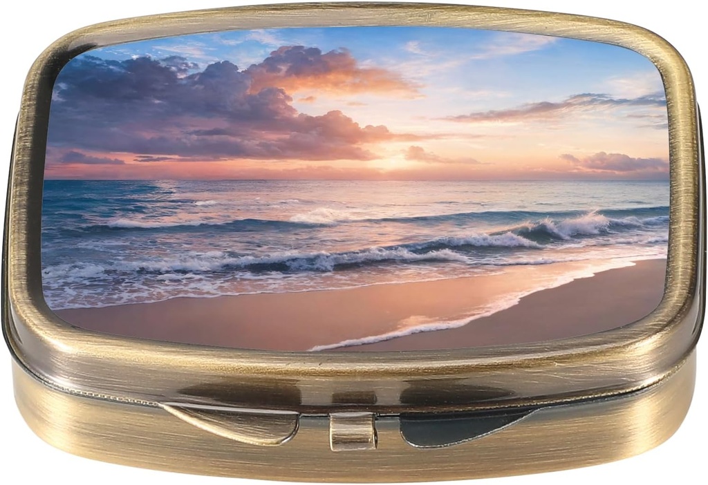 Dynippy Pill Case Pill Box met spiegel Retro Pocket 2 Compartiment Medicine Case Vitamine Pill Organizer voor Pocket Purse en Reizen (Retro- Beach Sunset)