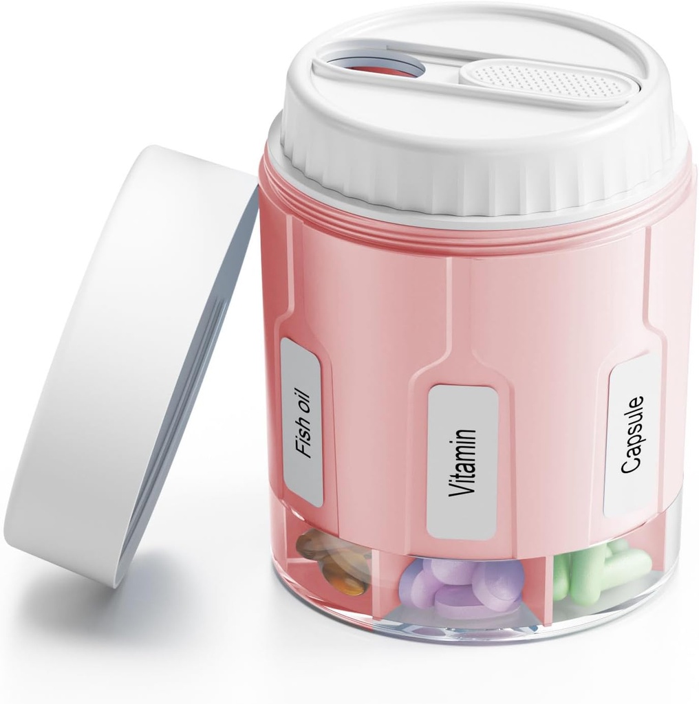 Daviky Pill Bottle Organizer, Supplement Organizer met 7 Large Compartments, Travel Pill Dispenser Ronde pil Box met Twee Lids(Pink+ Wit)