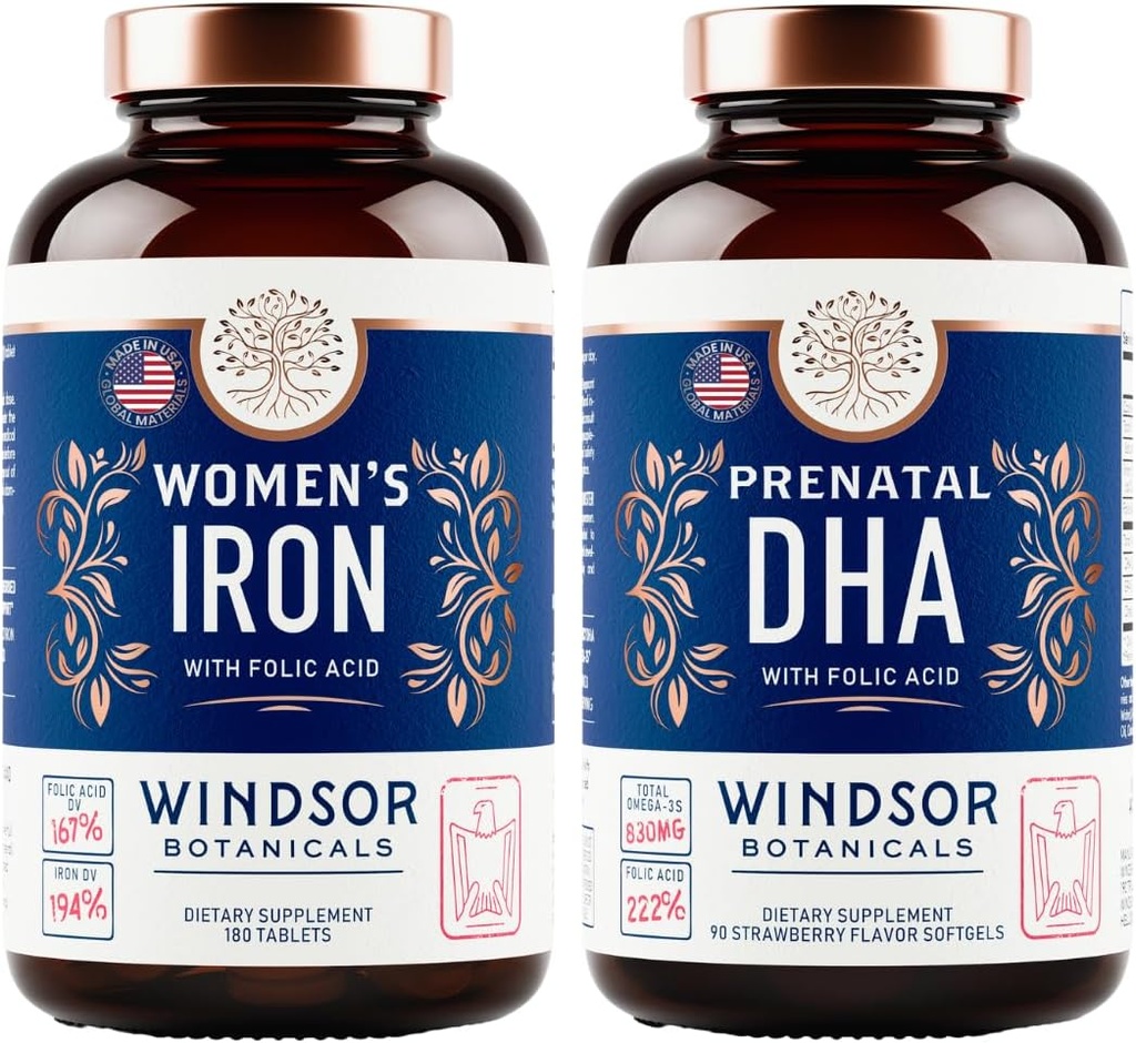 WINDSOR BOTANICA Prenatale DHA en ijzer pillen voor vrouwen met foliumzuur - Prenatale vitamine bundel