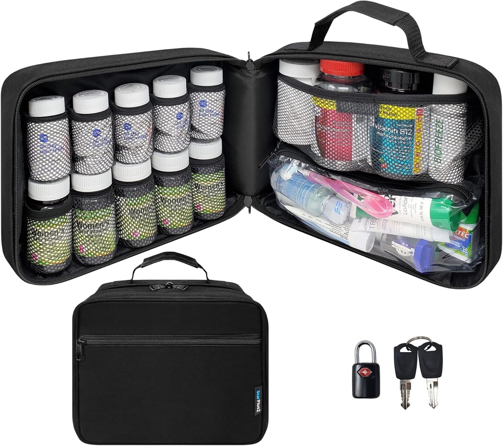Grote gewatteerde pil Flessen Organisator, Medicine Bag, Case, Carrier voor Medicijnen, Vitaminen, en Medical Supplies - Travel Medicine Organizer en Home Storage Med Bag - Zwart (met TSA Lock)