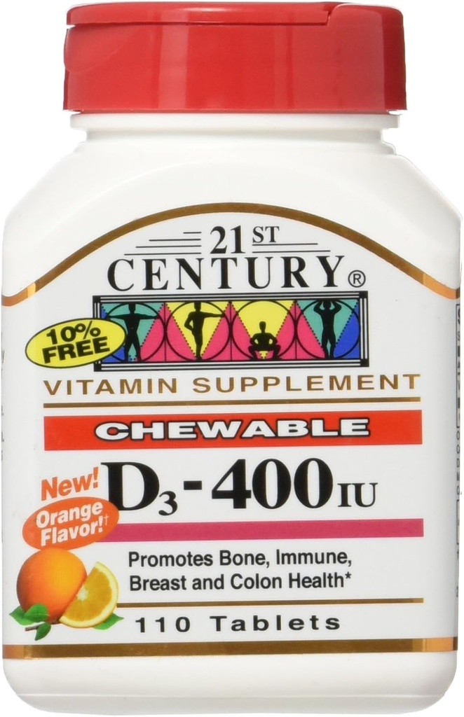 21e eeuw Kauwtabletten D3, Oranje, 10 mcg (400 IE), 110 tabletten