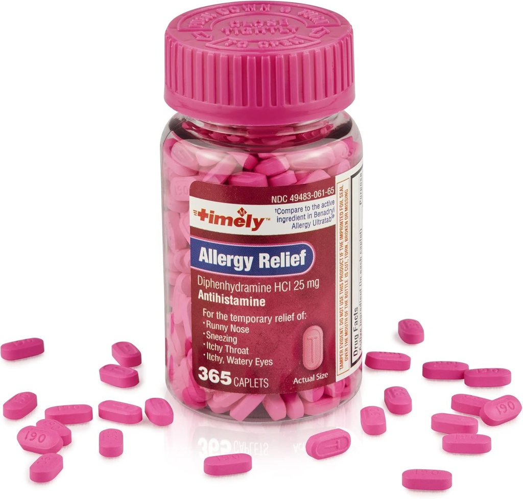Tijdige Allergie Relief Difenhydramine HCl 25 mg - 365 Caplets - Vergeleken met Benadryl Allergie Ultratab - Antihistamine - Allergie Medicatie - Runny Neus Relief voor volwassenen - Waterige Ogen Behandeling