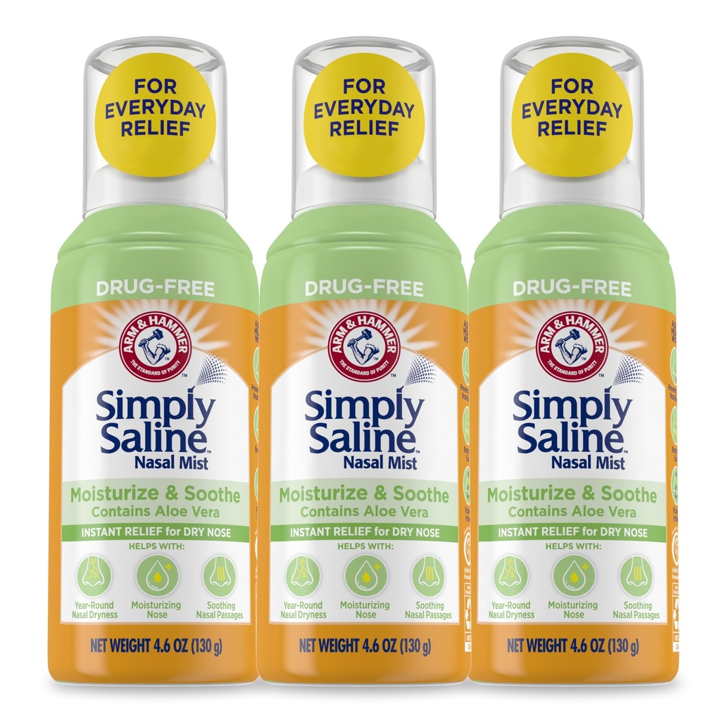 Arm & Hammer Simply Saline Moisturize & Soothe Nasal Mist, Drug-Free Moisturizing Saline Nasal Spray for Instant Relief for Dry Neus, 4.6 Oz (130 g), 3 Pack