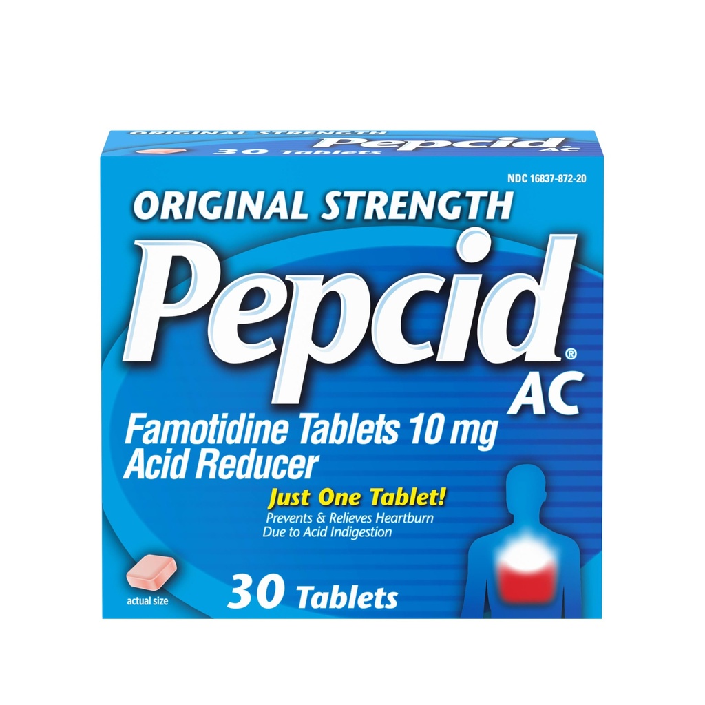 Pepcid AC Original Strength Heartburn Relief Tablets, OTC Medicine voorkomt & Relieves Heartburn & Acid Reflux Vanwege zuur indigestie, 10 mg Famotidine Acid Reducer, Snelwerkende, 30 st.
