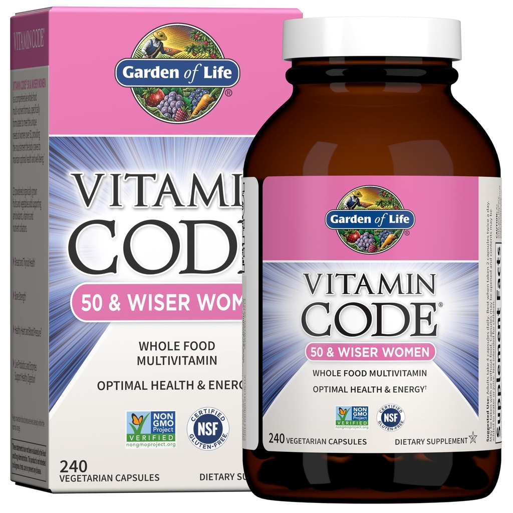 Garden of Life Vitamine Code Multivitamine for Women 50 & Over, 240 Capsules, for Women 50 Plus with B Vitaminen, Vitaminen A, C, D3, E & K, CoQ10, Probiotica & Enzymen