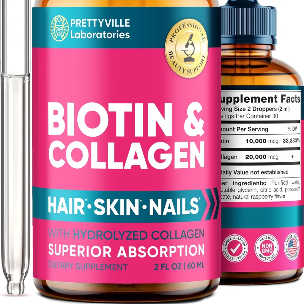 Liquid Collagen & Biotin for Women - 30000mcg Hair Growth Complex - Made in USA - Hydrolyzed Collagen & Biotin Oil for Hair Growth, Healthy Skin & Nails - Vegan Collagen & Biotin Source - 2 fl oz