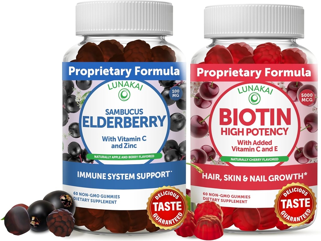 Lunakai Biotin & Elderberry Gummies Bundle - Gummy for Hair Growth, Skin Glow and Stronger Nails with Vitamin C and E - Immune Support Supplement for Adults and Kids