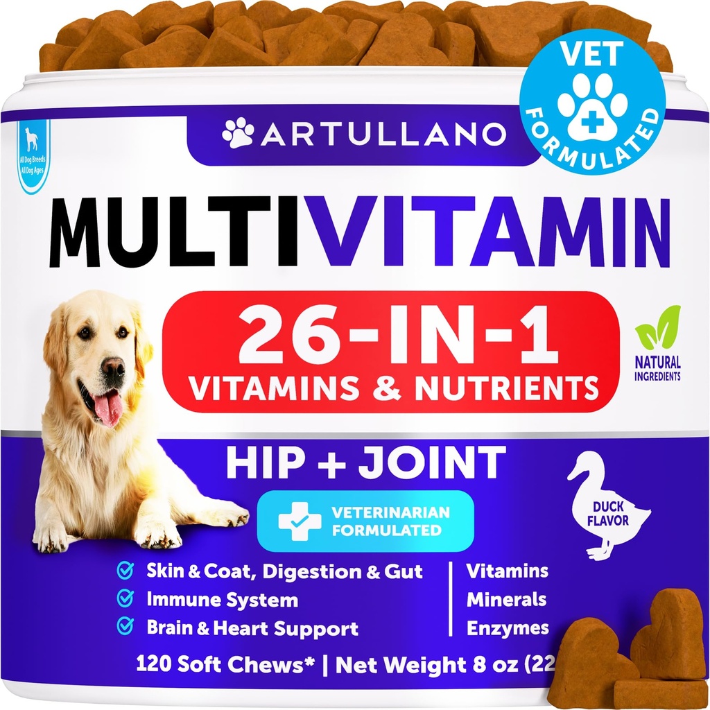 Honden Multivitamine Kauwbaar met Glucosamine 26 in 1 - Honden Vitaminen en Supplementen - Senior & Puppy Multivitamine voor Honden - Honden Gezamenlijke Ondersteuning Gezondheid - Immuniteit, Mobiliteit, Gut Skin - 120 Kauwen